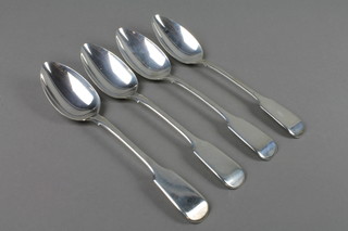 A set of 4 Victorian silver fiddle pattern table spoons, London 1841 and 1845, approx 9 ozs 