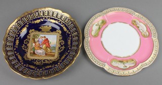A 19th Century Austrian blue and gilt cabinet plate with pierced rim and panel of classical figures 10" and a Continental pink ground ditto with landscape panels 10"