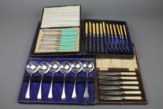 A cased set of 6 plated soup spoons and 3 other cased plated sets