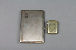 An engine turned silver cigarette case, approx. 7.25 ozs together with a plated vesta