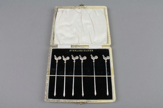 A set of 6 Sterling silver cocktail sticks decorated with cockerels 