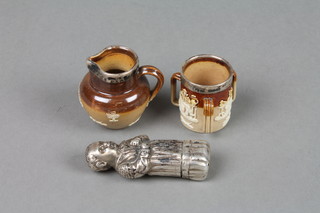 A Continental silver shaker in the form of a robed figure 2.5", 2 silver mounted miniature Doulton vessels