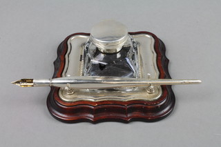 A modern silver mounted ink stand with lidded ink well and pen 4.5"