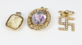 A 19th Century amethyst set pendant, a pearl set ditto and a citrene pendant