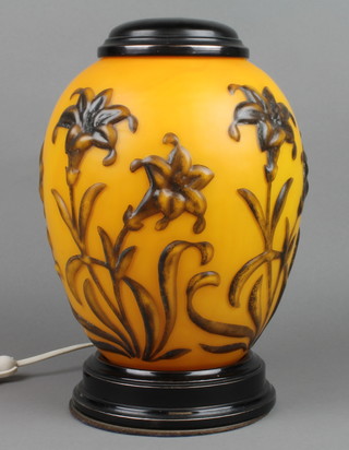 A 1940's orange glass baluster table lamp/incense burner on a wooden stand 12"