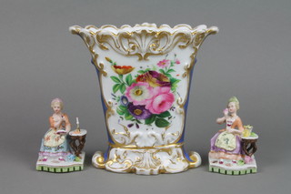 A 19th Century Paris porcelain flattened vase, the blue ground with panels and flowers 7", a pair of Continental seated figures of ladies 3.5"