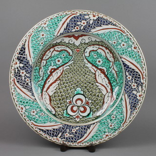 A 19th Century Cantagalli platter, the blue and green fiscal ground decorated with stylised fish 16"