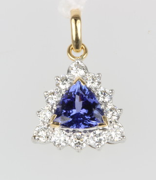 An 18ct yellow gold tanzanite and diamond pendant, the triangular cut centre stone approx.1.91ct surrounded by 12 brilliant cut diamonds approx. 1ct