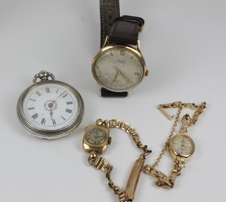 A gentleman's Avia 9ct gold wristwatch, 2 ladies ditto and a silver fob watch