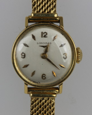 A lady's 18ct gold Longines wristwatch with mesh strap and clasp, approx. 23 grams