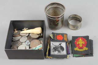 A 19th Century French silver commemorative medal, a bronze ditto, coins and badges