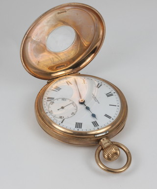 A gentleman's 9ct gold half hunter pocket watch with seconds at 6 o'clock, the dial inscribed J W Benson