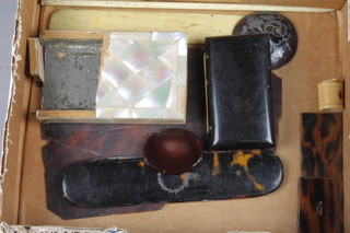 A tortoiseshell and plique jour mounted mother of pearl card case and other minor tortoiseshell items
