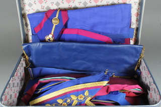 Masonic regalia comprising Past Masters apron, Mark Master Masons full dress apron and collar together with an undress apron (Grand Steward), London Grand rank undress apron, collar and collar jewel, Royal Arch Masons Past Z's collar jewel, collar, apron and sash, London Grand Rank undress apron, collar and collar jewel, Royal Ark mariners past commanders apron