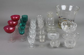 A quantity of 19th Century glassware included coloured wines, pedestal bowls etc 