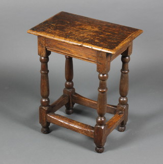 A 17th/18th Century square oak joyned stool raised on turned and block supports 23"h x 19"w x 12"d