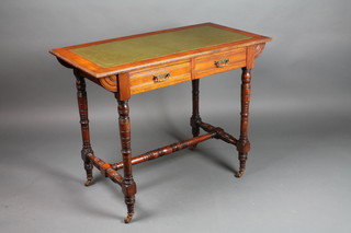 An Edwardian walnut 2 drawer writing table with green skiver, on turned legs and stretchers 30"h x 38"w x 19"d 