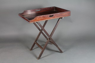 A Victorian rectangular mahogany Butler's tray, raised on a folding stand 33"h x 32"w x 21 1/2"d