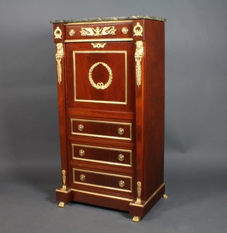 An Empire style escritoire with green veined marble top and gilt metal mounts, fitted 1 long drawer above a fall front, the base fitted 3 long drawers on paw feet, 57"h x 30"w x 18"d