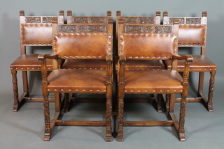 A set of 6 Tudor style carved oak high back dining chairs raised on turned legs with upholstered seats and backs, 2 with arms, 