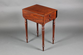 A Victorian mahogany drop flap Pembroke work table fitted 2 drawers raised on turned supports 29"h x 21"w x 15"d