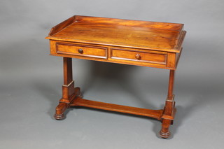 Wilkinson of 14 Ludgate Hill London, a Victorian mahogany dressing table with three-quarter gallery, raised on standard end supports with H framed stretcher, fitted 2 drawers 31"h x 38" w x 28"d 