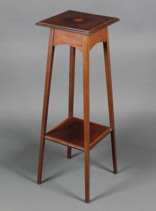 An Edwardian square 2 tier inlaid mahogany jardiniere stand raised on splayed supports 12" x 12"