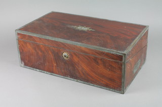 A Victorian mahogany  and brass banded writing slope, the interior fitted 2 inkwells 6"h x 18"w x 10 1/2"d (brass escutcheon to front missing)