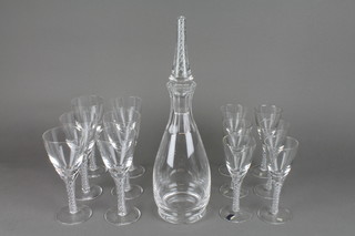 A Stuart crystal mallet shaped decanter with air twist stopper 15", a set of 6 ensuite wines with spiral twist stems and matching liqueur glasses