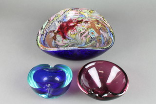 A stylish Murano glass triangular bowl 9" and 2 glass ashtrays