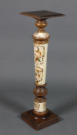An Edwardian Continental ceramic polychrome jardiniere stand with wooden mounts 43" 
