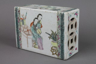 A Chinese brick  headrest decorated figures in garden and pavillion landscapes having pierced decoration 7" 