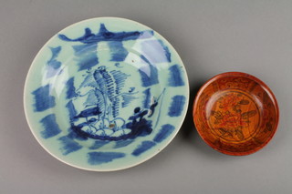 An early 19th Century provincial dish decorated with landscape, 4 character mark 9" and a turned wood painted bowl