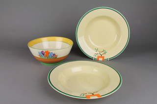 A Clarice Cliff Bizarre crocus bowl 8" and 2 ditto bowls with geometric decoration 10" 