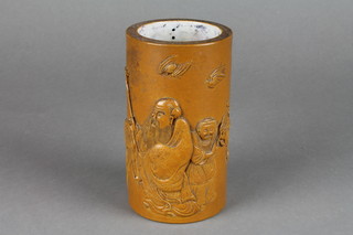 A 19th Century Chinese brown glazed cylindrical brush pot decorated with Shu Lau and his attendant with a deer  5"