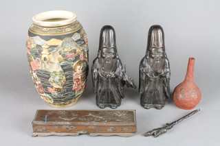 2 antimony figures of Deities 8", a ditto box, Satsuma vase and brown glazed vase