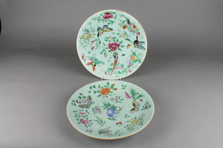 2 19th Century Celadon famille rose decorated plates with insects amidst flowers 9"