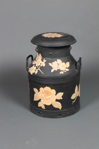 An aluminium black painted and decoupage twin handled milk churn complete with lid 20"h x 13 1/2"diam.