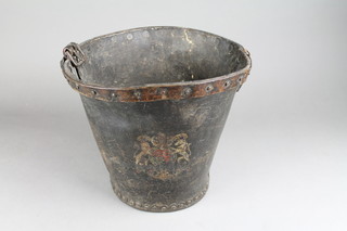 A leather and brass studded fire bucket with Royal arms 10" 