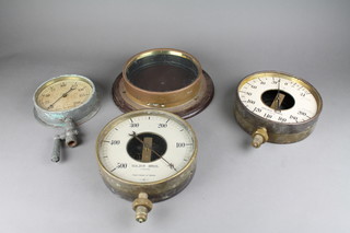 A Sulzer Bros. double sided feet head water gauge, calibrated 0-500, 1 other calibrated 0-200 (glass f), 1 other feet of water gauge calibrated 0-100 5" and 1 other circular pressure gauge housing 8"  