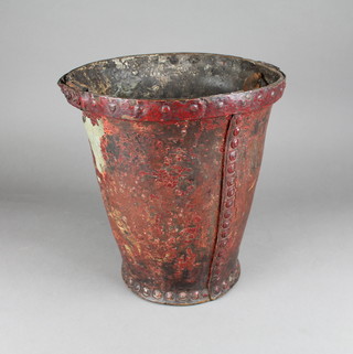 A red leather fire bucket with remains of crown and coat of arms 11" 