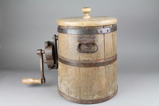 A cylindrical coopered oak butter churn 13" 