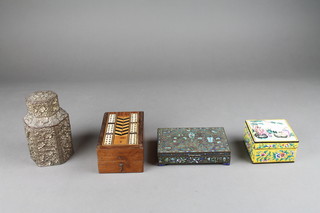 A Chinese square yellow cloisonne jar and cover decorated figures 3", a Chinese enamelled box with hinged lid decorated urns 5" and an octagonal antimony tea caddy 5"