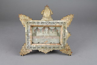 A carved mother of pearl relief plaque "The Last Supper" contained in a carved and pierced mother of pearl frame 9" x 9 1/2" (section of frame missing to the left hand side) 