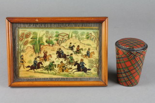 A Victorian cylindrical tartan ware trinket box and cover decorated McFarlen Tartan together with a Turkoman style plaque 4 1/2" x 6 1/2" 