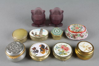 A pewter pill box decorated a Tudor Rose 1", 6 other pill boxes, an oval jar and cover 2" and 2 glass petal shaped candlesticks 1"
