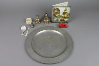 A pewter dish decorated the arms of St Bartholomews hospital 11" and a collection of curios