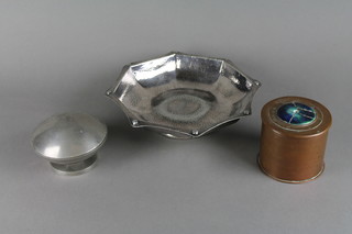 An Art Nouveau cylindrical copper box and cover set a Ruskin style plaque to lid (f) 3 1/2", a Warr octagonal planished pewter dish 9" (tear to side) and a Svenskt Tenn Stockholm globular shaped jar and cover 2" 