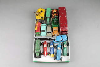 A Dinky Super Toy horse box, a Dinky 233 Bristol Cooper racing car, do. 230 Talbot Algo, ditto 823H Ferrari, ditto 231 Maserati and various other toy cars
