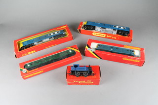 A Horny OO gauge R.084 diesel locomotive, a Hornby Southern Railways coach R.933, a Triang Hornby R.55 diesel Pullman carriage type 2 in blue livery, a Triang R357 double headed diesel locomotive model tank engine